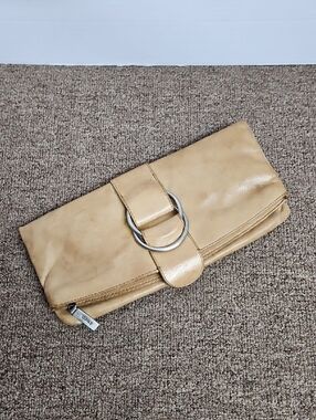 Hobo Camel Fold Over Colored Leather Clutch Bag Silver Handware